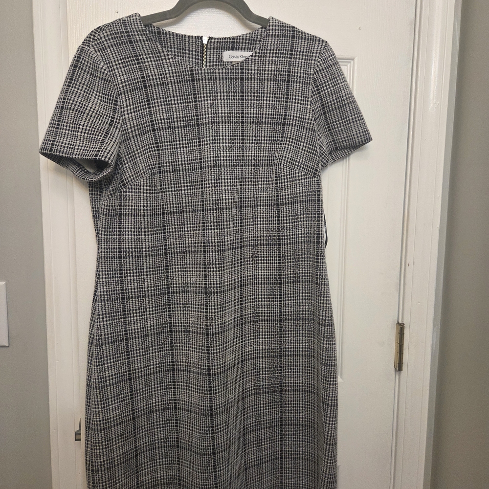 Calvin Klein Black and White Plaid Midi Shift Dress